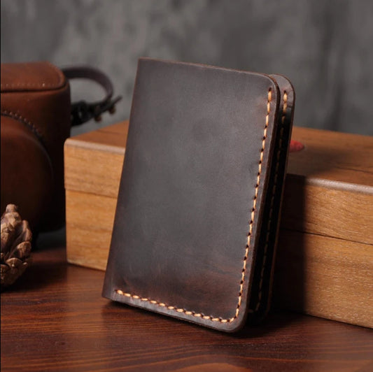 Vintage Crazy Horse Leather Wallet - Handmade Genuine Leather Short Card Holder For Men With Money Clip