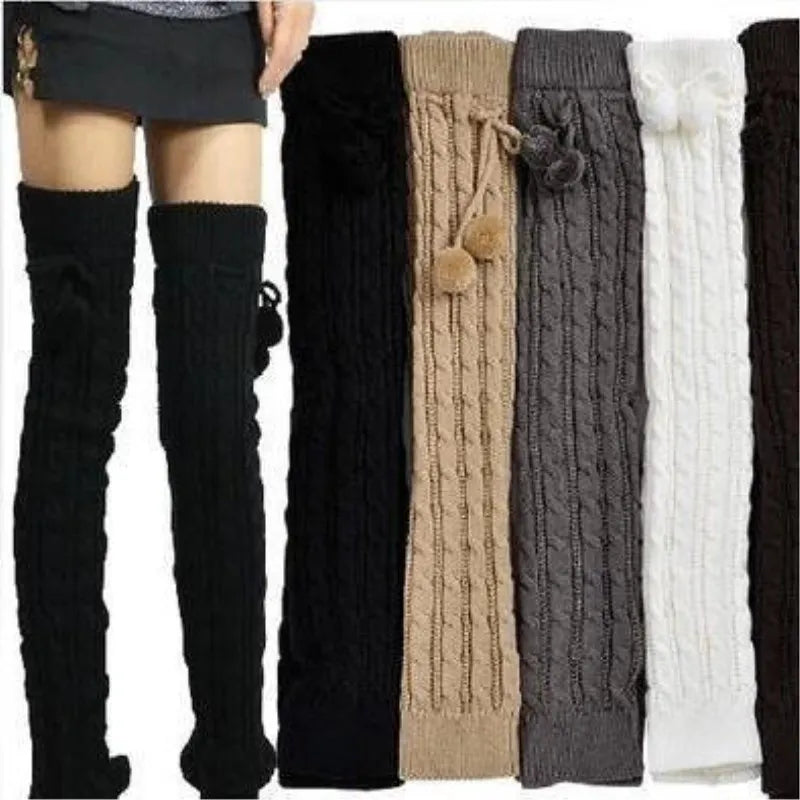 Women’s Winter Knitted Leg Warmers - Cozy Crochet Boot Socks with Hairball Fashion Style