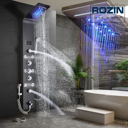 LED Waterfall Shower Panel System - Black In-Wall Rain Shower with Spa Massage Sprayer & Bidet Tap