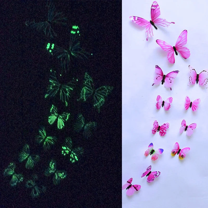 12PCS Luminous 3D Butterfly Wall Stickers — Glow-in-the-Dark Wedding Party & Home Decor, Living Room Fridge Decals