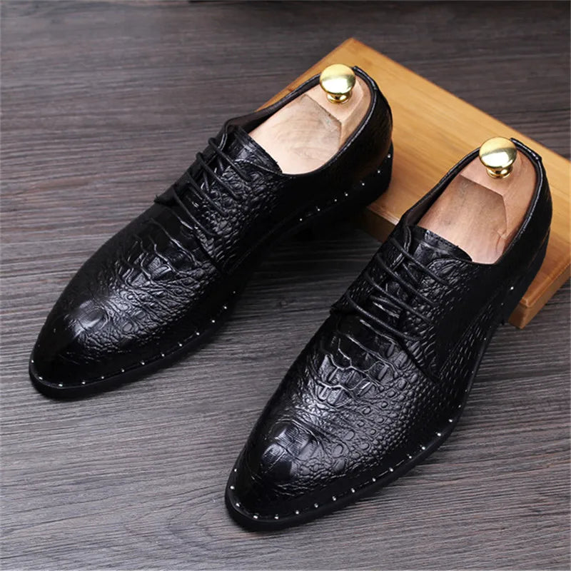 Men's Crocodile Leather Oxford Shoes - Lace-Up Business, Wedding & Party Dress Shoes