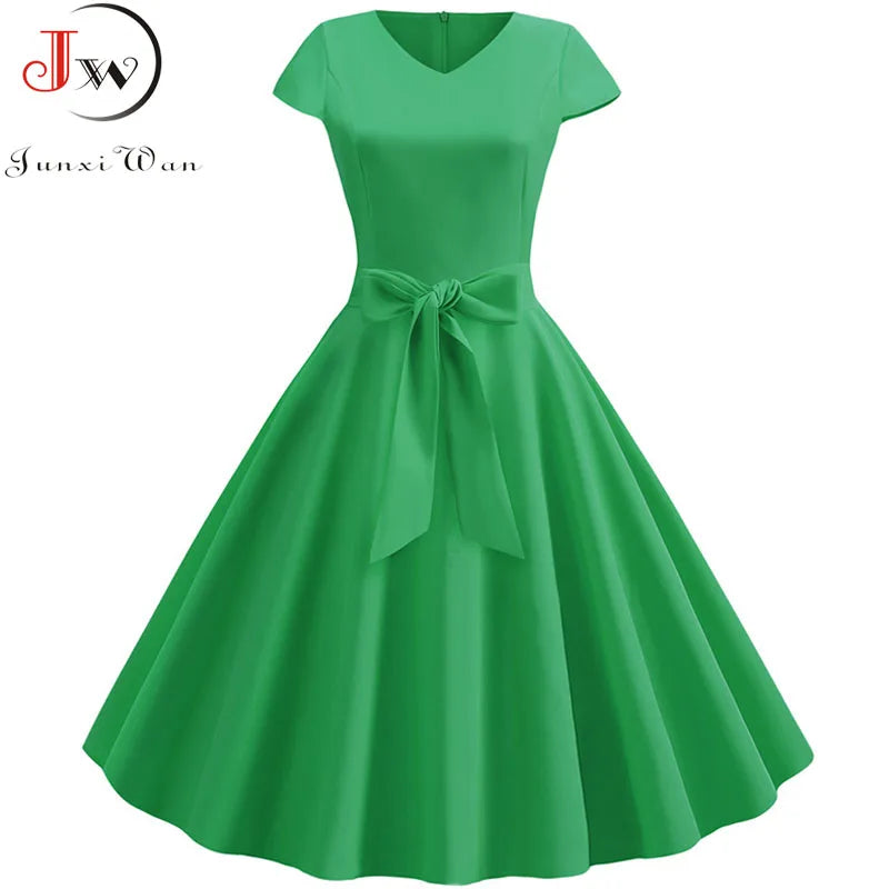 Women Vintage Summer Dress - V Neck Short Sleeve Swing Party Dress With Belt