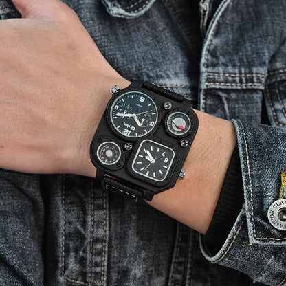 Oulm 1169 Black Sport Men’s Watch — Square Dial Quartz Wristwatch with Decorative Compass, Casual Male Timepiece