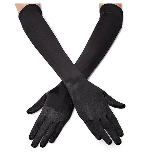 Classic Satin Long Stretch Gloves for Women – Opera, Elbow & Wrist Length Costume Gloves in Black, White, Red & Grey for Parties & Flapper Style