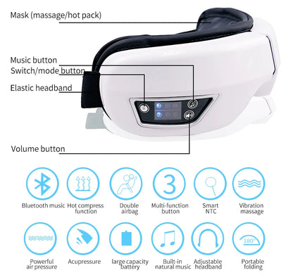 Eye Massage Instrument - Vibration, Airbag Pressure & Hot Compress Eye Massager with Bluetooth Music, Foldable for Fatigue Relief