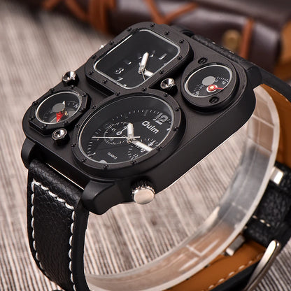 Oulm 1169 Black Sport Men’s Watch — Square Dial Quartz Wristwatch with Decorative Compass, Casual Male Timepiece