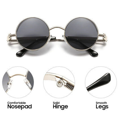 VIVIBEE Vintage Steampunk Red Sunglasses — 2025 Round Punk Alloy Metal Retro Goggles for Men & Women, Gothic Style Shades