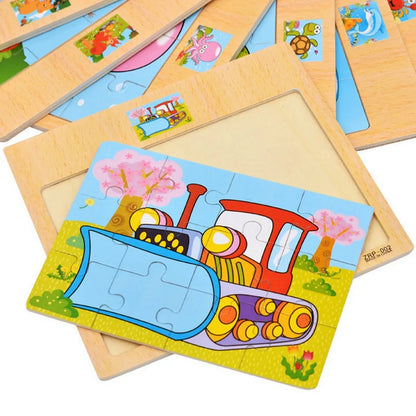 Hot Sale 9/12-Piece Wooden Puzzle Set — Cartoon Vehicles & Animals Educational Learning Toys for Kids, Perfect Gift