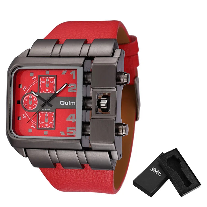 Oulm 3364 Men’s Square Watch — Large Dial Casual Leather Strap Quartz Sport Wristwatch