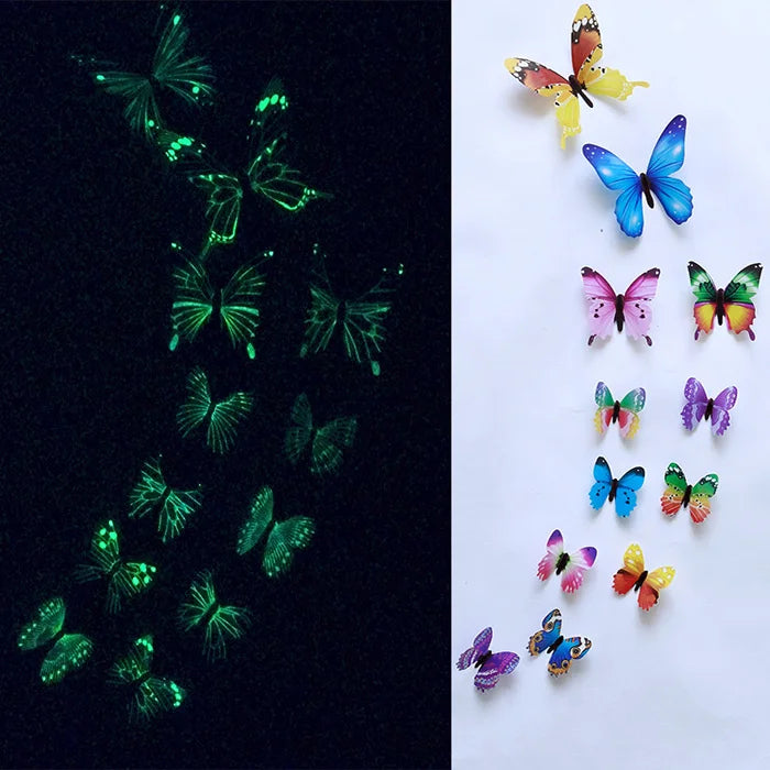 12PCS Luminous 3D Butterfly Wall Stickers — Glow-in-the-Dark Wedding Party & Home Decor, Living Room Fridge Decals