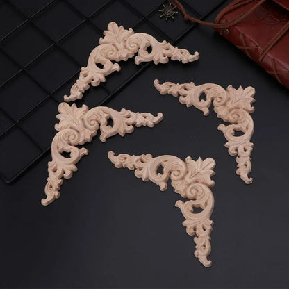4pcs Wood Carved Corner Applique - Unpainted Furniture Cabinet Frame Decorative Onlay 12x12cm