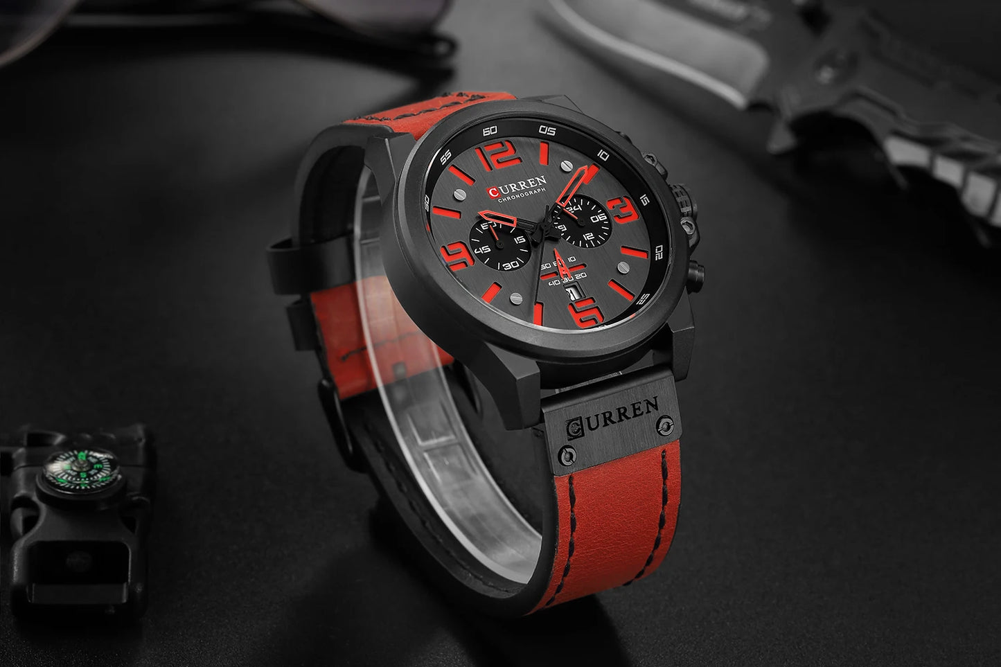 CURREN Men's Luxury Waterproof Sport Watch – Chronograph Quartz Military Wristwatch with Genuine Leather Strap