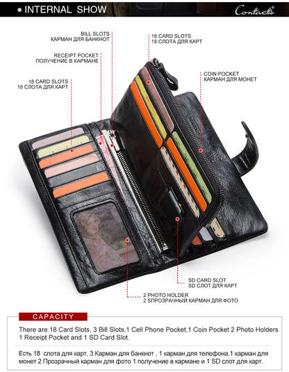 CONTACT'S Genuine Leather Men’s Long Wallet – Phone Bag with Zipper Coin Pocket, Clutch Purse & Small Wallet