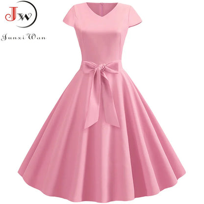 Women Vintage Summer Dress - V Neck Short Sleeve Swing Party Dress With Belt