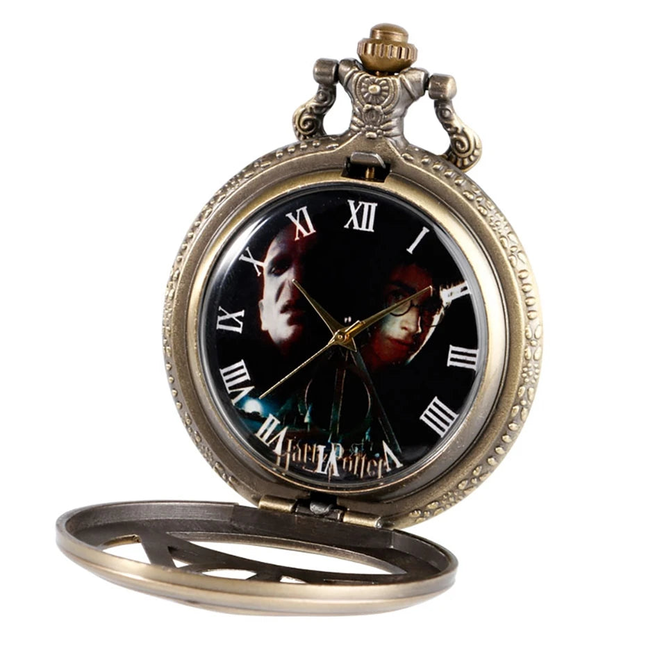 Retro Bronze Deathly Hallows Pocket Watch Necklace - Analog Quartz Wizard-Inspired Collectible for Men, Women, and Kids