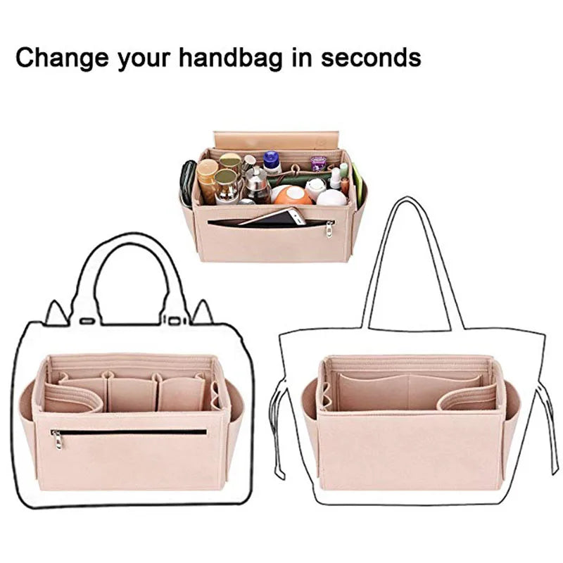 Makeup Organizer Handbag Insert: Felt Cloth Travel Inner Purse Bag - Portable Cosmetic Bags for Speedy, Neverfull