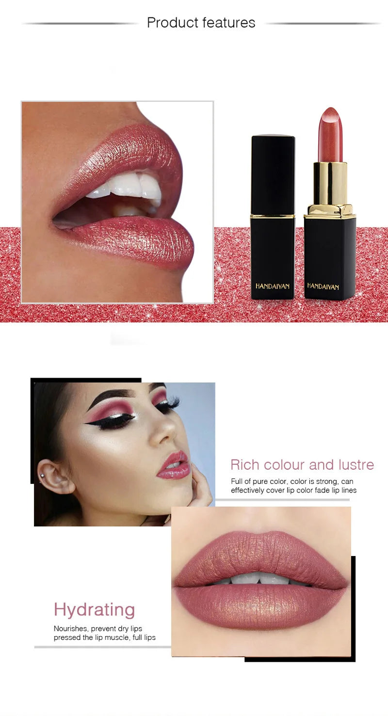 Professional Brand Lipstick – Waterproof, Long-Lasting Nude Pink & Mermaid Shimmer, Luxury Makeup Cosmetic