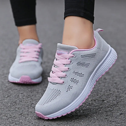 Women’s Breathable Mesh Sneakers - Casual Fashion Walking Flat Shoes White Tenis Feminino