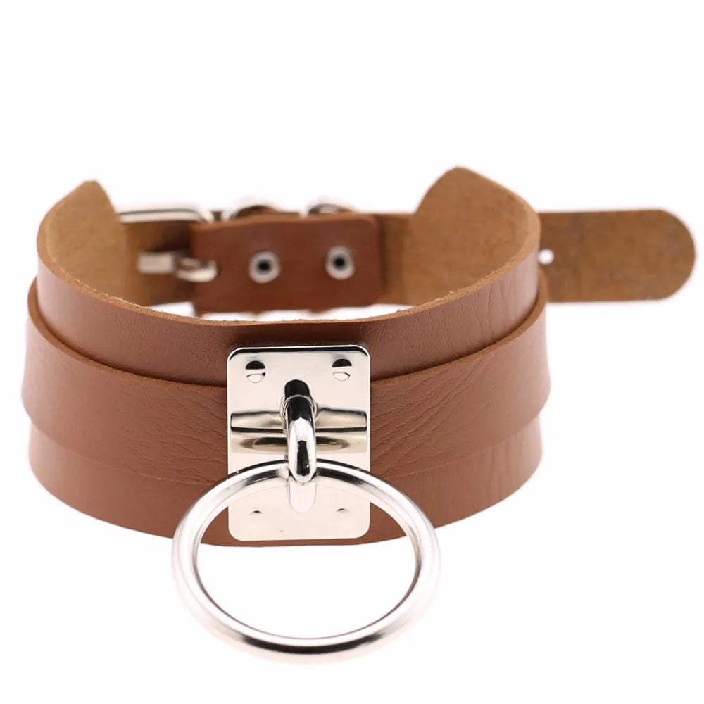 KMVEXO Harajuku Punk Leather Choker Necklace - Handmade Gothic Collar with Silver-Tone Metal O-Ring for Parties