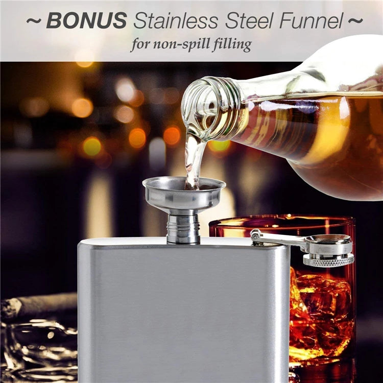 LMETJMA Stainless Steel Hip Flask with Funnel – 1-10oz Pocket Flask for Alcohol, Whiskey, Screw Cap (KC0139)