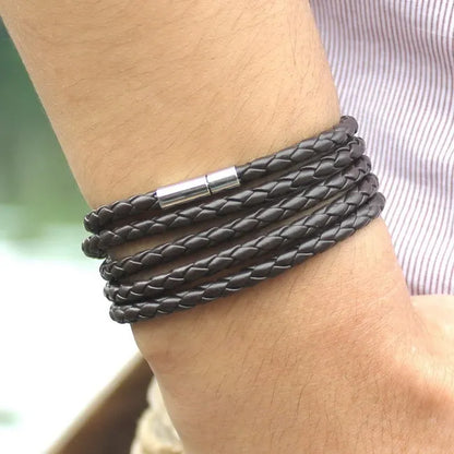 XQNI Black Retro Leather Bracelet for Men - 5 Lap Chain Link Bangle, Fashion Sporty Charm Bracelet