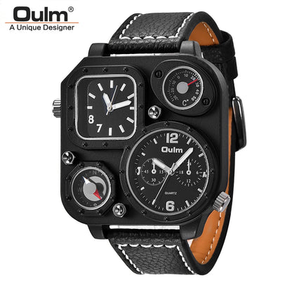 Oulm 1169 Black Sport Men’s Watch — Square Dial Quartz Wristwatch with Decorative Compass, Casual Male Timepiece