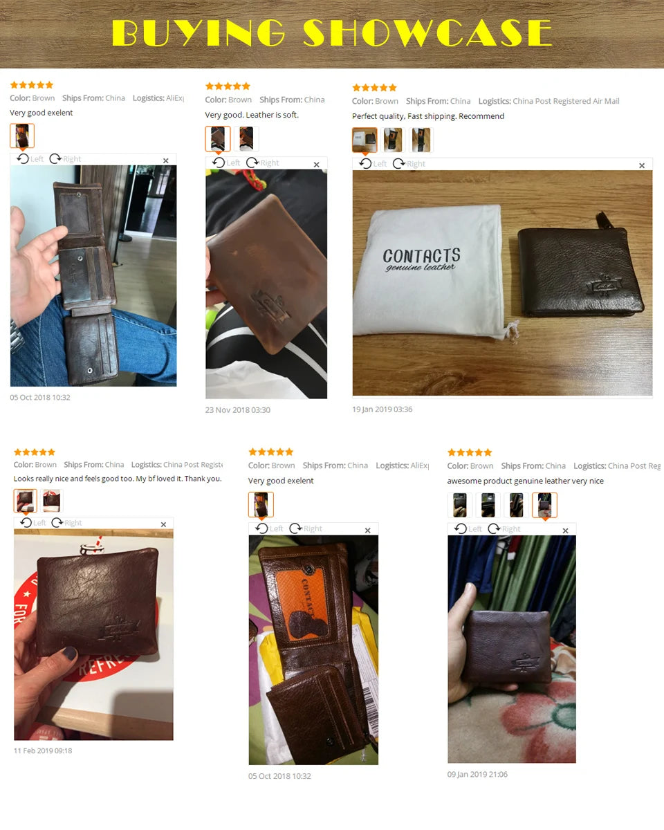 CONTACT'S Genuine Crazy Horse Leather Trifold Wallet – Vintage Men's Cowhide Wallet with Zip Coin Pocket