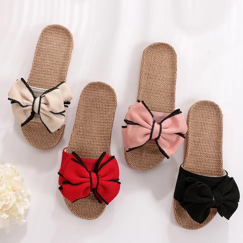 Mntrerm 2024 Women's Casual Linen Slippers – Soft Indoor Flats with Bow-Knot, Cute Summer Home Sneakers