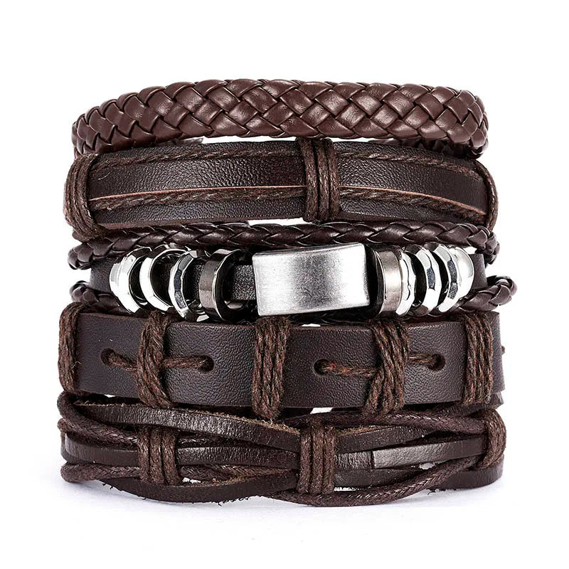 Men's Vintage Multilayer Leather Braid Bracelet - Handmade Star, Leaf & Owl Rope Wrap Bangle, Male Gift Jewelry