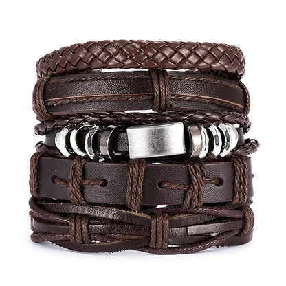 Men's Vintage Multilayer Leather Braid Bracelet - Handmade Star, Leaf & Owl Rope Wrap Bangle, Male Gift Jewelry