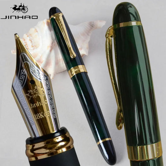 Iraurita Jinhao X450 Fountain Pen – 0.7mm Broad Nib, Dark Green & Gold, Full Metal, 21 Color Options with Ink