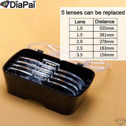 DIAPAI Adjustable 5-Lens Loupe Headband Magnifier with LED Light – Diamond Painting Embroidery Glasses