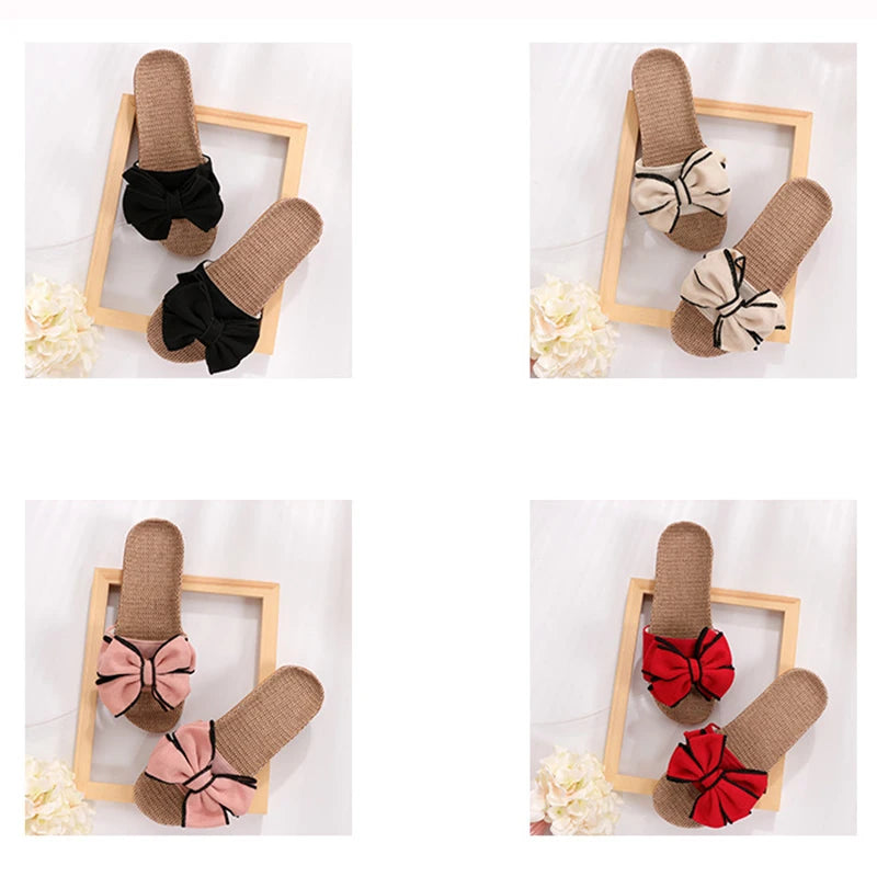 Mntrerm 2024 Women's Casual Linen Slippers – Soft Indoor Flats with Bow-Knot, Cute Summer Home Sneakers