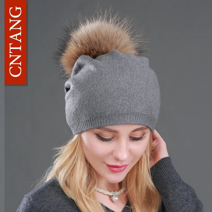 Autumn Winter Knitted Wool Hat for Women – Fashion Pompon Beanie with Genuine Raccoon Fur, Warm and Stylish Cap
