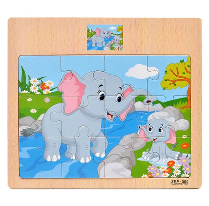 Hot Sale 9/12-Piece Wooden Puzzle Set — Cartoon Vehicles & Animals Educational Learning Toys for Kids, Perfect Gift