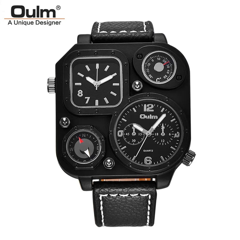 Oulm 1169 Black Sport Men’s Watch — Square Dial Quartz Wristwatch with Decorative Compass, Casual Male Timepiece