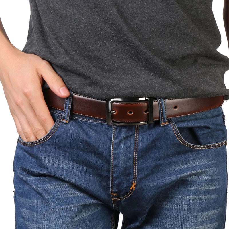 Men’s Genuine Leather Reversible Belt – 2-in-1 Rotated Buckle for Big & Tall Sizes