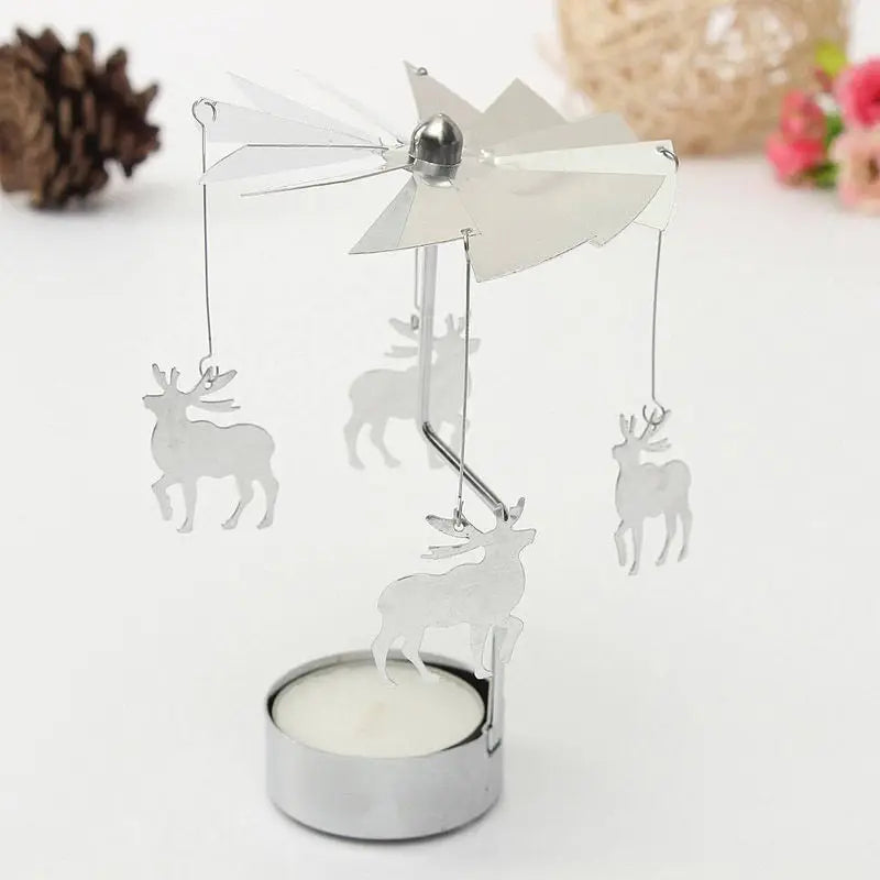 Silver Christmas Rotating Tea Light Candle Holder Carousel – Spinning Holiday Centerpiece Decor