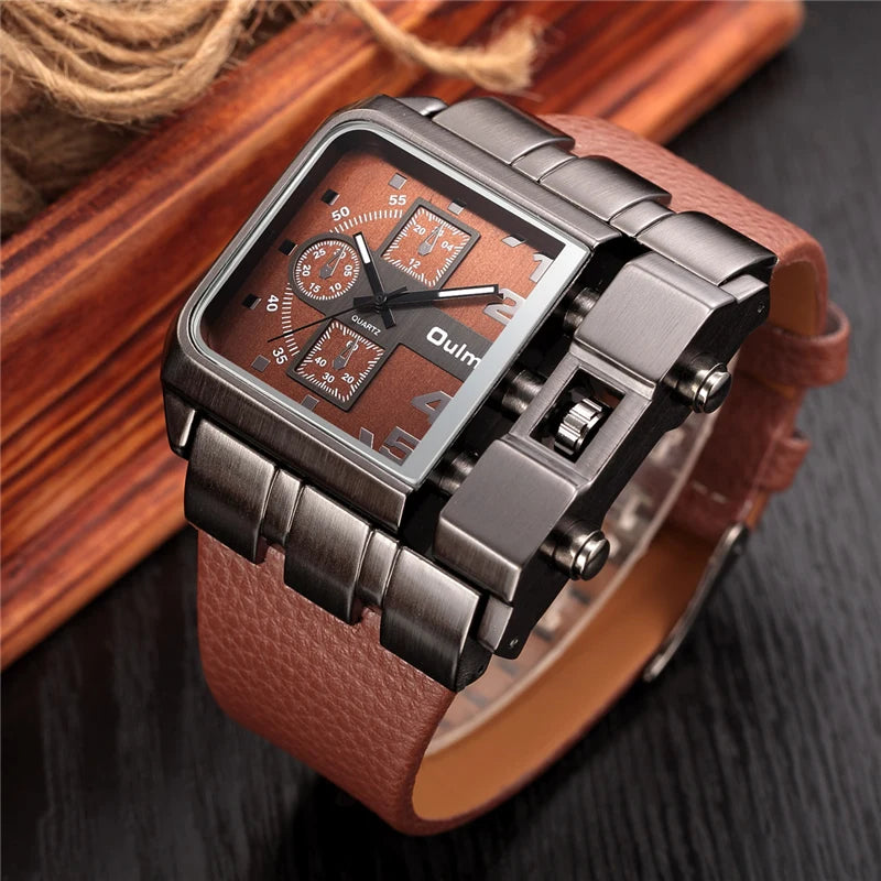 Oulm 3364 Men’s Square Watch — Large Dial Casual Leather Strap Quartz Sport Wristwatch