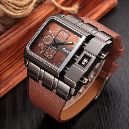 Oulm 3364 Men’s Square Watch — Large Dial Casual Leather Strap Quartz Sport Wristwatch