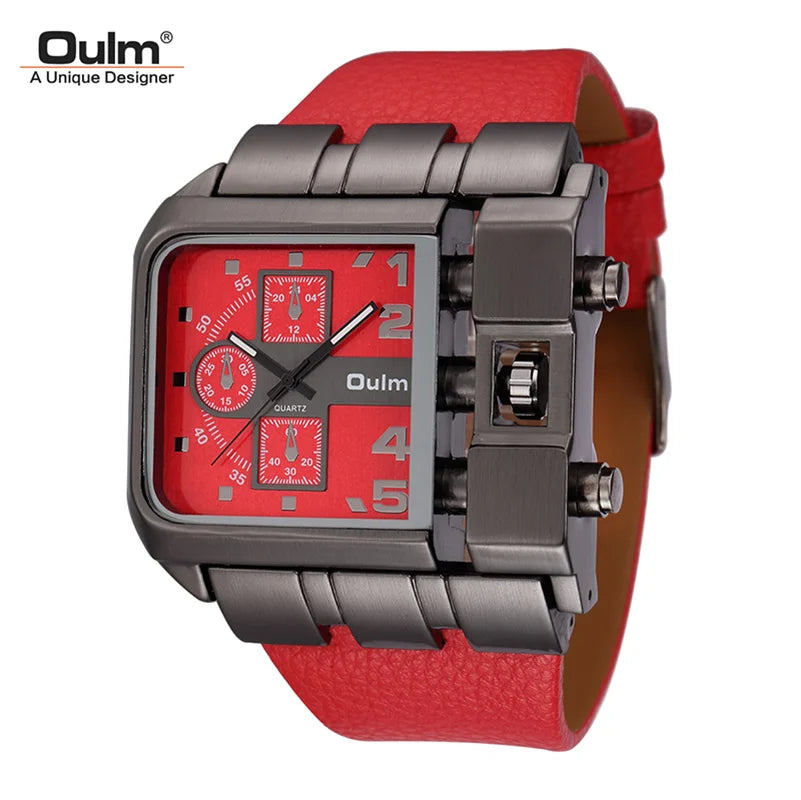 Oulm 3364 Men’s Square Watch — Large Dial Casual Leather Strap Quartz Sport Wristwatch