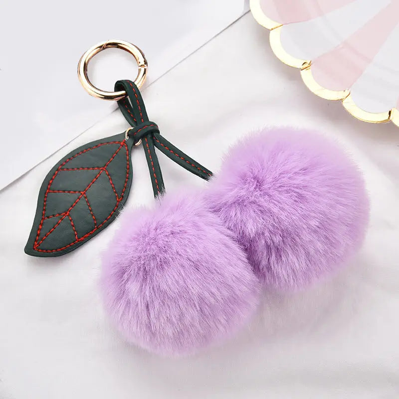 Fashion Cute Fluffy Rabbit Fur Ball Keychain – Pompom Leaf Cherry Pendant for Handbag & Car Keys