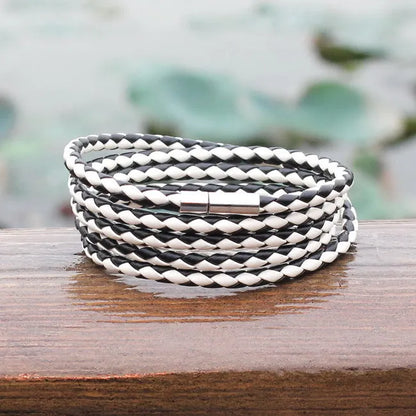 XQNI Black Retro Leather Bracelet for Men - 5 Lap Chain Link Bangle, Fashion Sporty Charm Bracelet