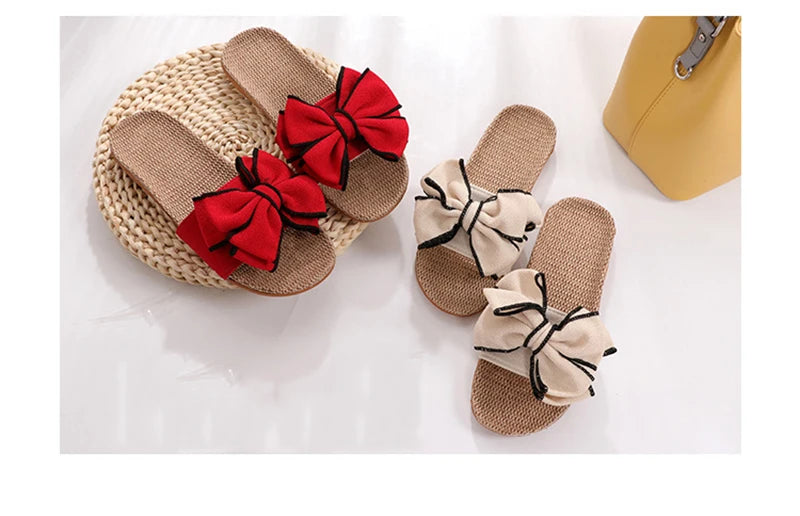Mntrerm 2024 Women's Casual Linen Slippers – Soft Indoor Flats with Bow-Knot, Cute Summer Home Sneakers