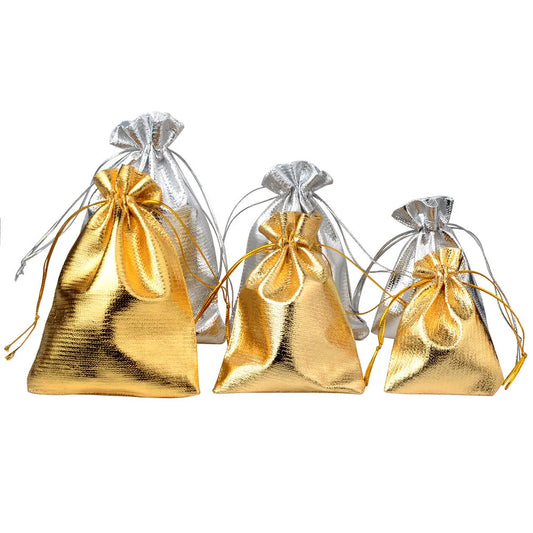25-Piece Gold Foil Drawstring Storage Bags - Jewelry Packing Pouches for Wedding Gifts, Available in 7x9cm, 9x12cm, and 10x15cm