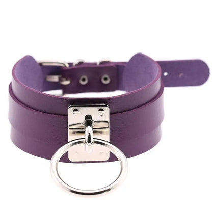 KMVEXO Harajuku Punk Leather Choker Necklace - Handmade Gothic Collar with Silver-Tone Metal O-Ring for Parties