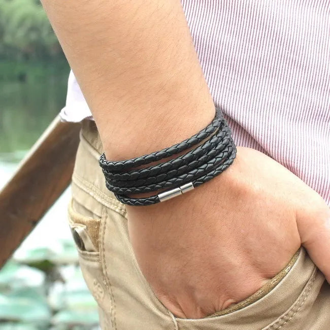 XQNI Black Retro Leather Bracelet for Men - 5 Lap Chain Link Bangle, Fashion Sporty Charm Bracelet