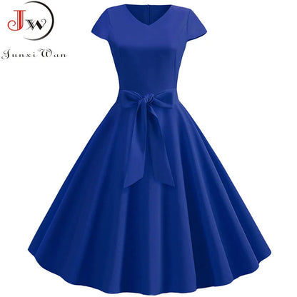 Women Vintage Summer Dress - V Neck Short Sleeve Swing Party Dress With Belt