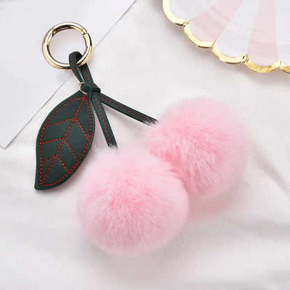 Fashion Cute Fluffy Rabbit Fur Ball Keychain – Pompom Leaf Cherry Pendant for Handbag & Car Keys