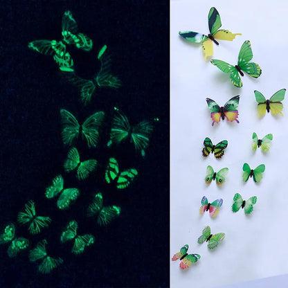 12PCS Luminous 3D Butterfly Wall Stickers — Glow-in-the-Dark Wedding Party & Home Decor, Living Room Fridge Decals